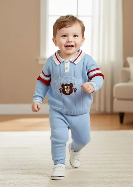 Haram Collection: Adorable Baby Boys Blue Bear Embroidered Sweater & Pants Set - Cozy Winter Outfit Haram's Collection