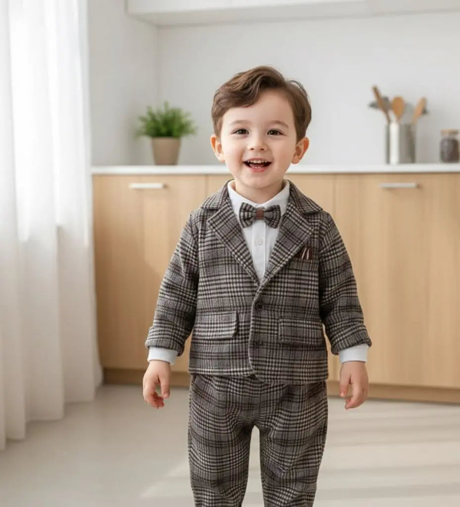 Haram Collection: Baby Boys Plaid Suit Set - Gentleman's 3-Piece Outfit with Bow Tie Haram's Collection
