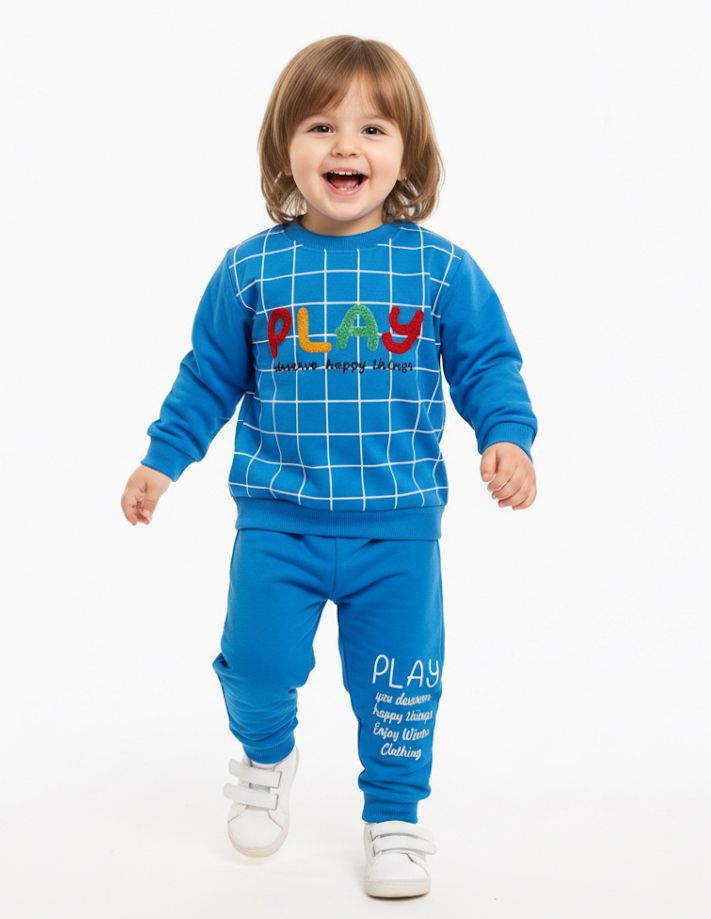 Kids Blue & Yellow "PLAY" Tracksuit Set | Warm Winter Fleece Co-ord | Boys & Girls Casual Outfit