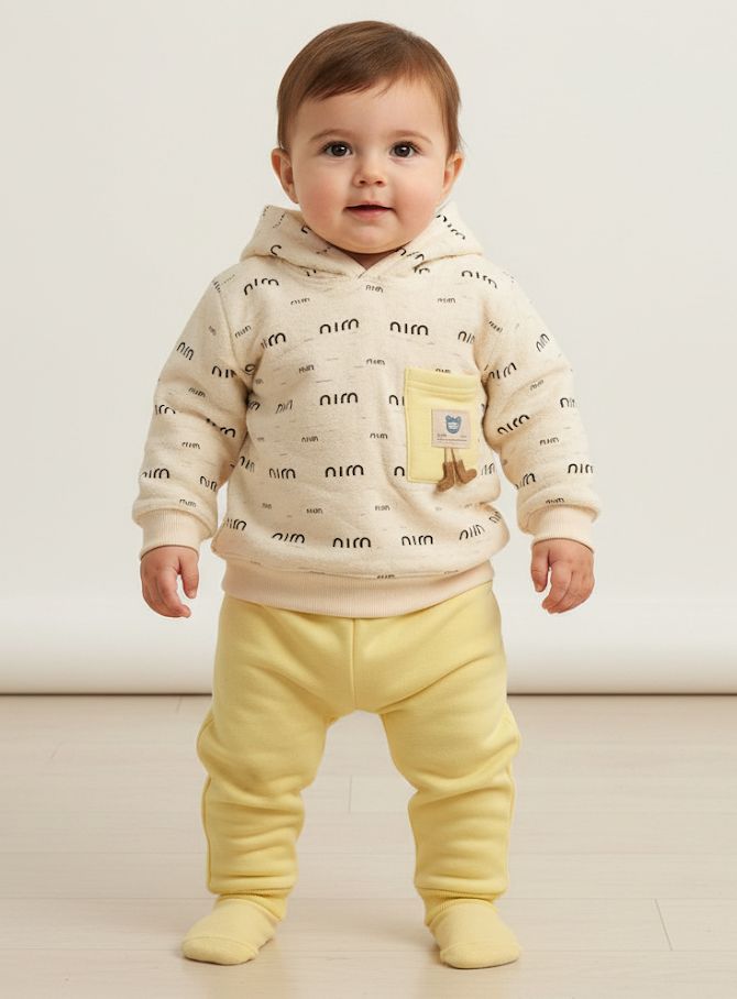 Kids 3D Bear Pocket Hoodie & Jogger Set | Pastel Yellow & Pink Winter Tracksuit