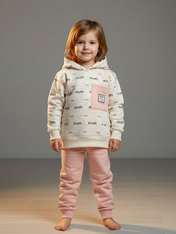 Kids 3D Bear Pocket Hoodie & Jogger Set | Pastel Yellow & Pink Winter Tracksuit