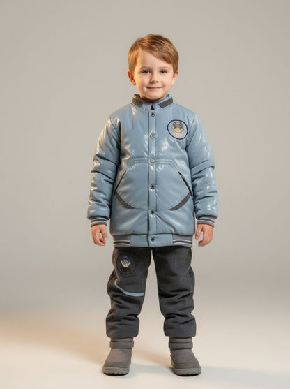 Kids Winter Varsity Bomber Jacket & Pants Set | Warm Windbreaker Outfit | Boys Grey Blue Suit