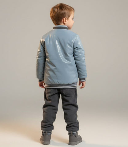 Kids Winter Varsity Bomber Jacket & Pants Set | Warm Windbreaker Outfit | Boys Grey Blue Suit