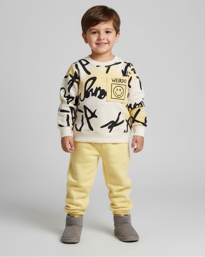 Kids Graffiti Print Winter Tracksuit | Warm Fleece Sweatshirt & Jogger Set | Yellow & Pink