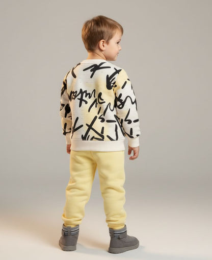 Kids Graffiti Print Winter Tracksuit | Warm Fleece Sweatshirt & Jogger Set | Yellow & Pink