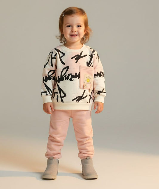 Kids Graffiti Print Winter Tracksuit | Warm Fleece Sweatshirt & Jogger Set | Yellow & Pink