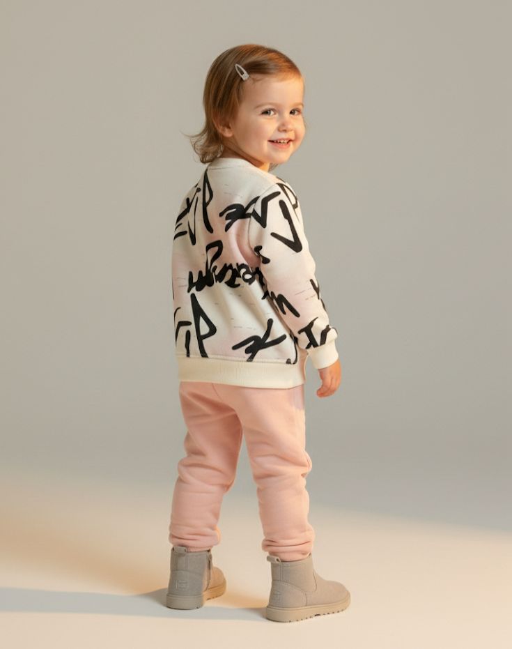 Kids Graffiti Print Winter Tracksuit | Warm Fleece Sweatshirt & Jogger Set | Yellow & Pink