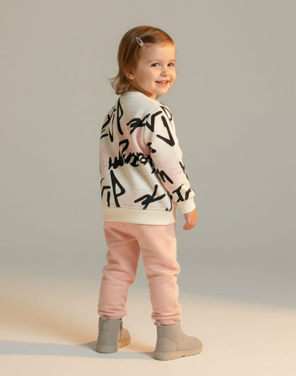 Kids Graffiti Print Winter Tracksuit | Warm Fleece Sweatshirt & Jogger Set | Yellow & Pink