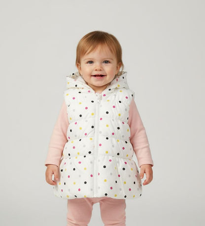 Girls White Polka Dot Puffer Vest | Hooded Winter Sleeveless Jacket | Warm Waistcoat