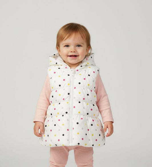 Girls White Polka Dot Puffer Vest | Hooded Winter Sleeveless Jacket | Warm Waistcoat
