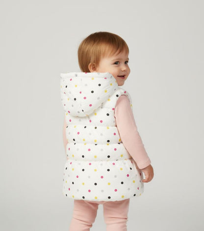 Girls White Polka Dot Puffer Vest | Hooded Winter Sleeveless Jacket | Warm Waistcoat