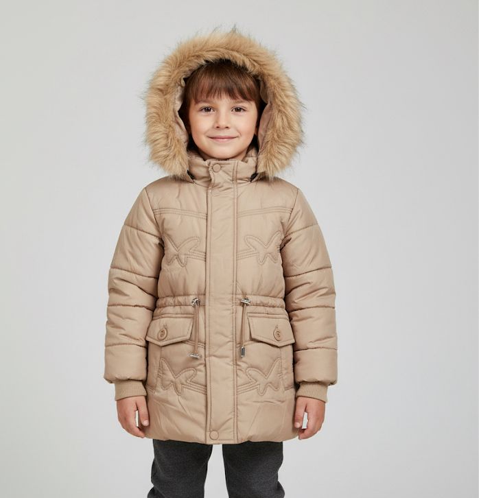 Girls Beige Puffer Parka Jacket | Faux Fur Hood Winter Coat | Long Quilted Outerwear