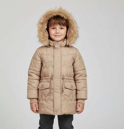 Girls Beige Puffer Parka Jacket | Faux Fur Hood Winter Coat | Long Quilted Outerwear
