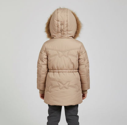 Girls Beige Puffer Parka Jacket | Faux Fur Hood Winter Coat | Long Quilted Outerwear