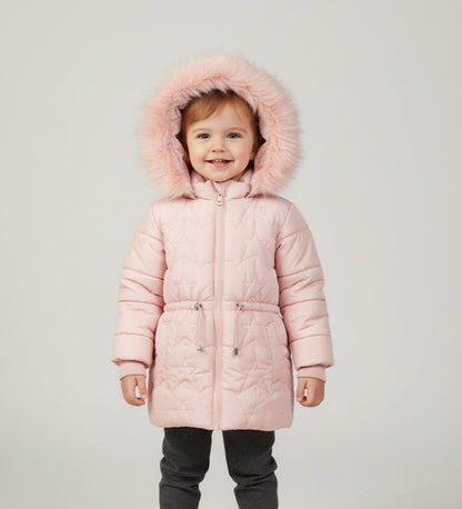 Girls Pink Puffer Parka Jacket | Long Winter Coat with Faux Fur Hood | Warm Outerwear
