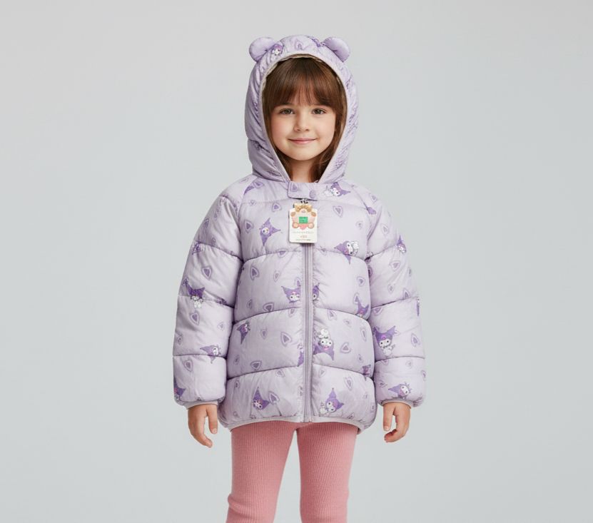 Girls Purple Character Puffer Jacket | Hooded Kuromi Style Coat with 3D Ears | Kids Winter