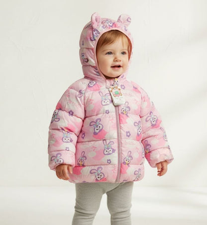 Girls Pink Character Puffer Jacket | Hooded Rabbit Print Coat with 3D Ears