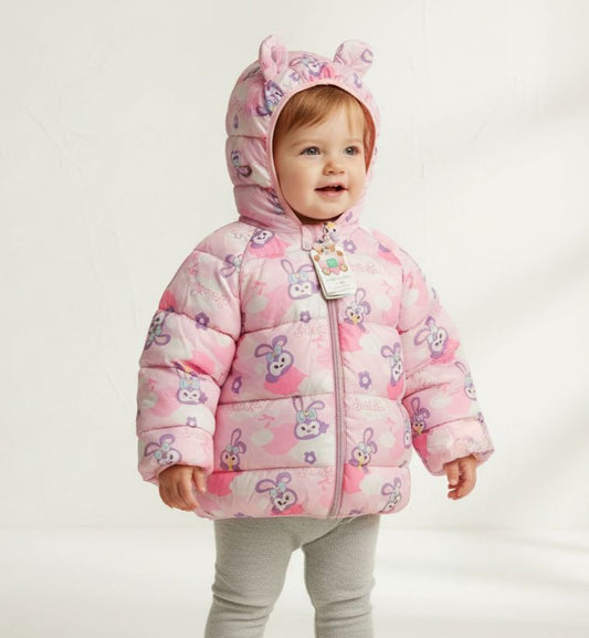 Girls Pink Character Puffer Jacket | Hooded Rabbit Print Coat with 3D Ears