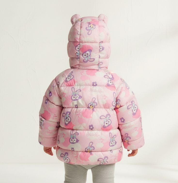 Girls Pink Character Puffer Jacket | Hooded Rabbit Print Coat with 3D Ears