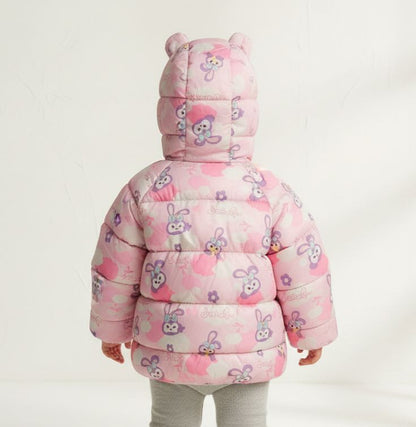 Girls Pink Character Puffer Jacket | Hooded Rabbit Print Coat with 3D Ears