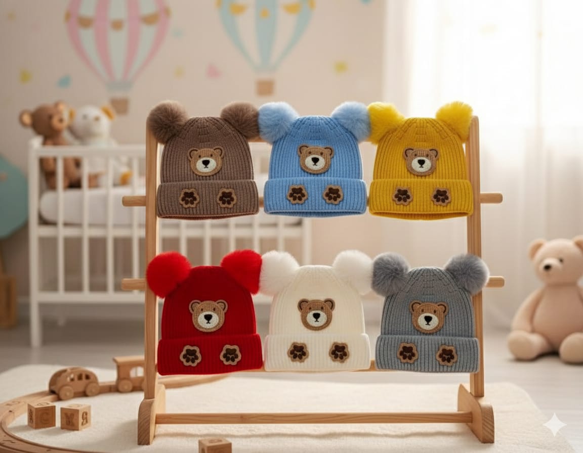 Baby Knit Bear Face Beanie Cap with Pom-Poms | Winter Infant Toddler Warm Hat