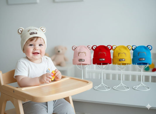Baby Bear Ear Knit Beanie Cap | Infant Toddler Warm Winter Hat | Available in White, Blue, Yellow, Red, Pink