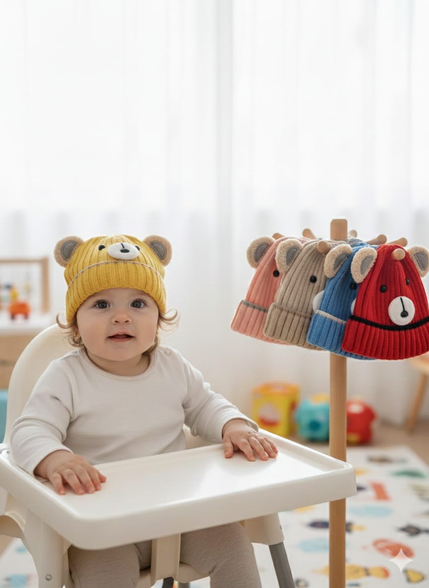Baby Bear Face Knit Beanie Hat | Warm Winter Ear Flap Cap for Infants & Toddlers