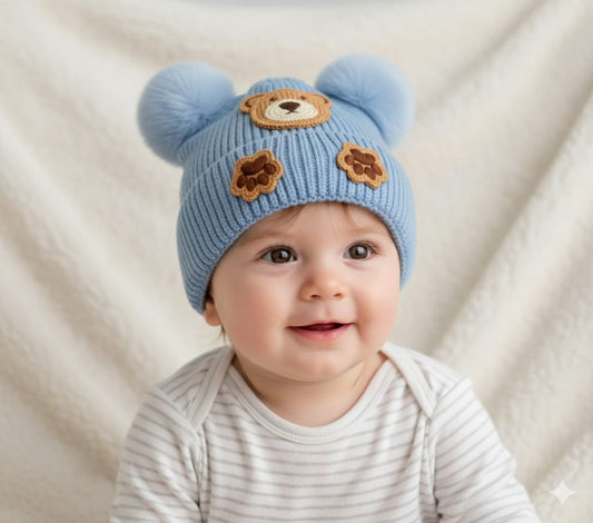 Baby Knit Bear Face Beanie Cap with Pom-Poms | Winter Infant Toddler Warm Hat