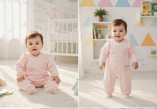 Baby Girls Pink Rabbit Print Romper | Soft Ruffle Snap Onesie | Newborn & Infant Jumpsuit