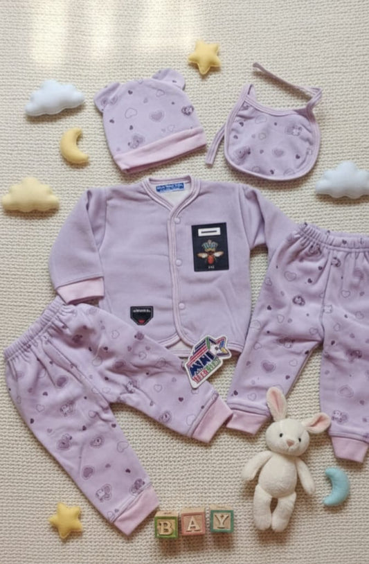 Newborn 5-Piece Layette Set | Purple & Blue Heart Print Baby Starter Set | Infant Clothes