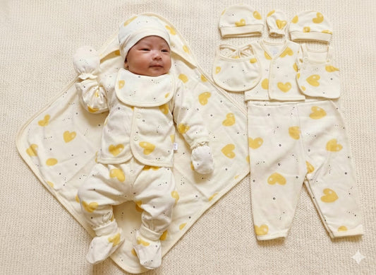 Newborn 10-Piece Layette Set | Yellow Heart Print Baby Gift Set | Infant Clothes & Accessories
