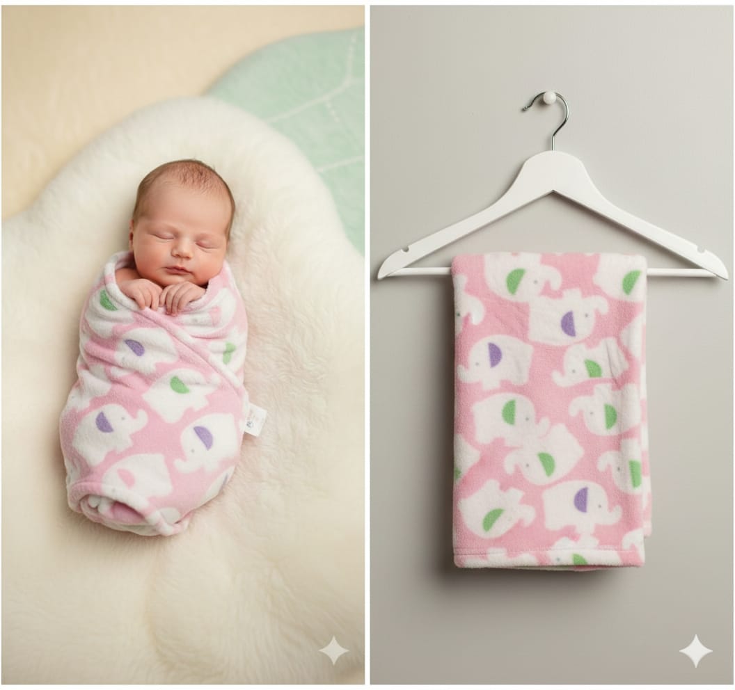 Newborn Baby Girl Pink Elephant Print Fleece Swaddle Blanket | Soft Receiving Wrap
