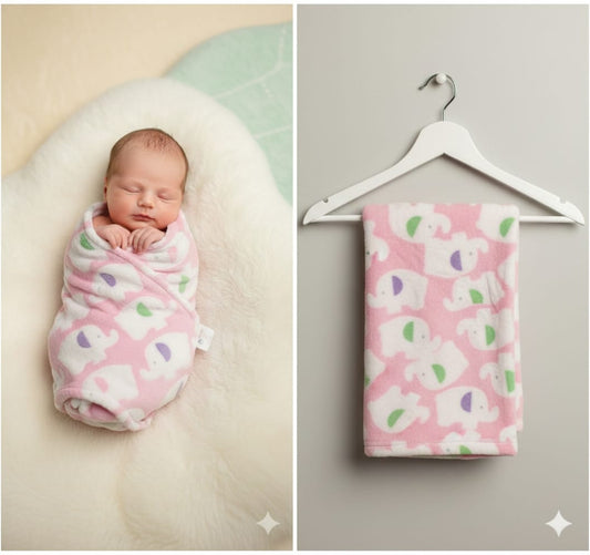 Newborn Baby Girl Pink Elephant Print Fleece Swaddle Blanket | Soft Receiving Wrap