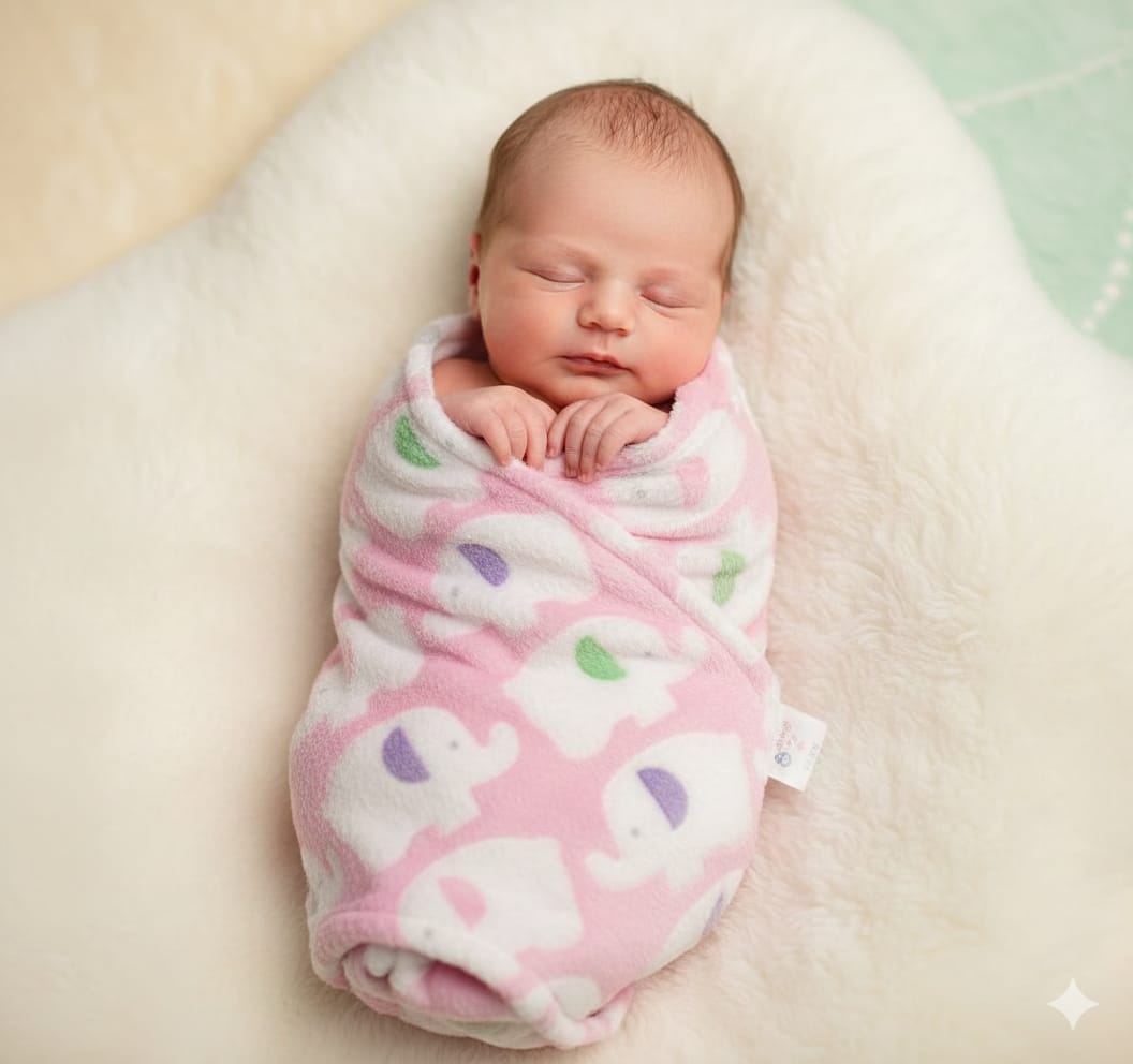 Newborn Baby Girl Pink Elephant Print Fleece Swaddle Blanket | Soft Receiving Wrap