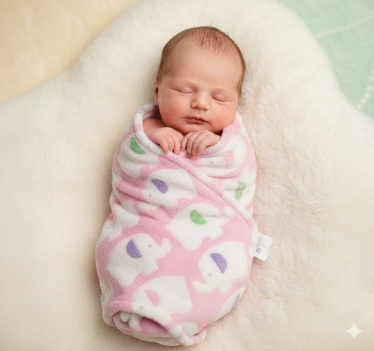Newborn Baby Girl Pink Elephant Print Fleece Swaddle Blanket | Soft Receiving Wrap