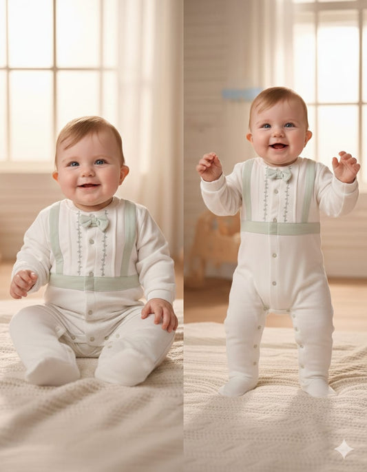 Baby Boys Formal Romper | White Special Occasion Onesie with Bowtie | Infant Suit Jumpsuit