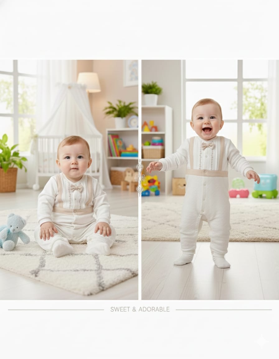 Baby Boys Formal Romper | White Christening Outfit with Tan Bowtie | Infant Suit Jumpsuit