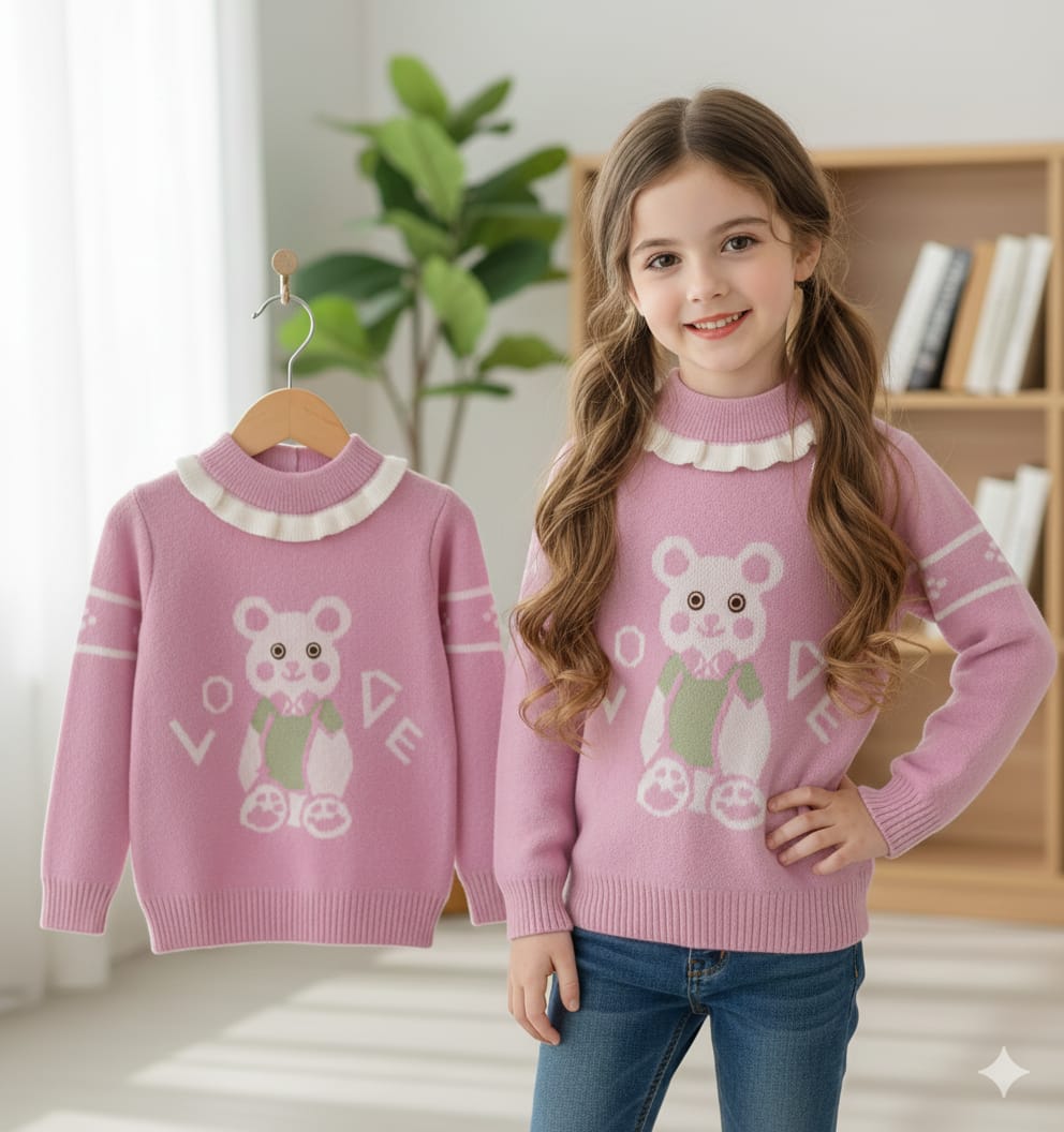 Haram Collection: Adorable Girls Pink Bear Sweater - Cozy Winter Outfit