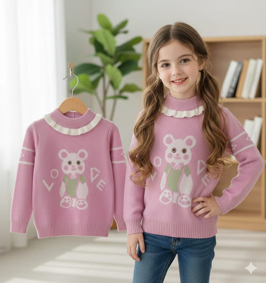 Haram Collection: Adorable Girls Pink Bear Sweater - Cozy Winter Outfit