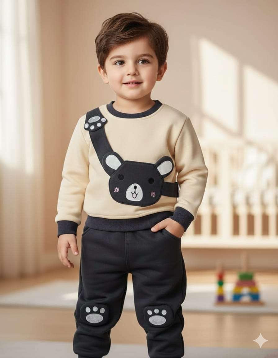 Haram Collection: Cute Baby Boys Bear Messenger Bag & Paw Print Outfit Set - Cozy & Playful