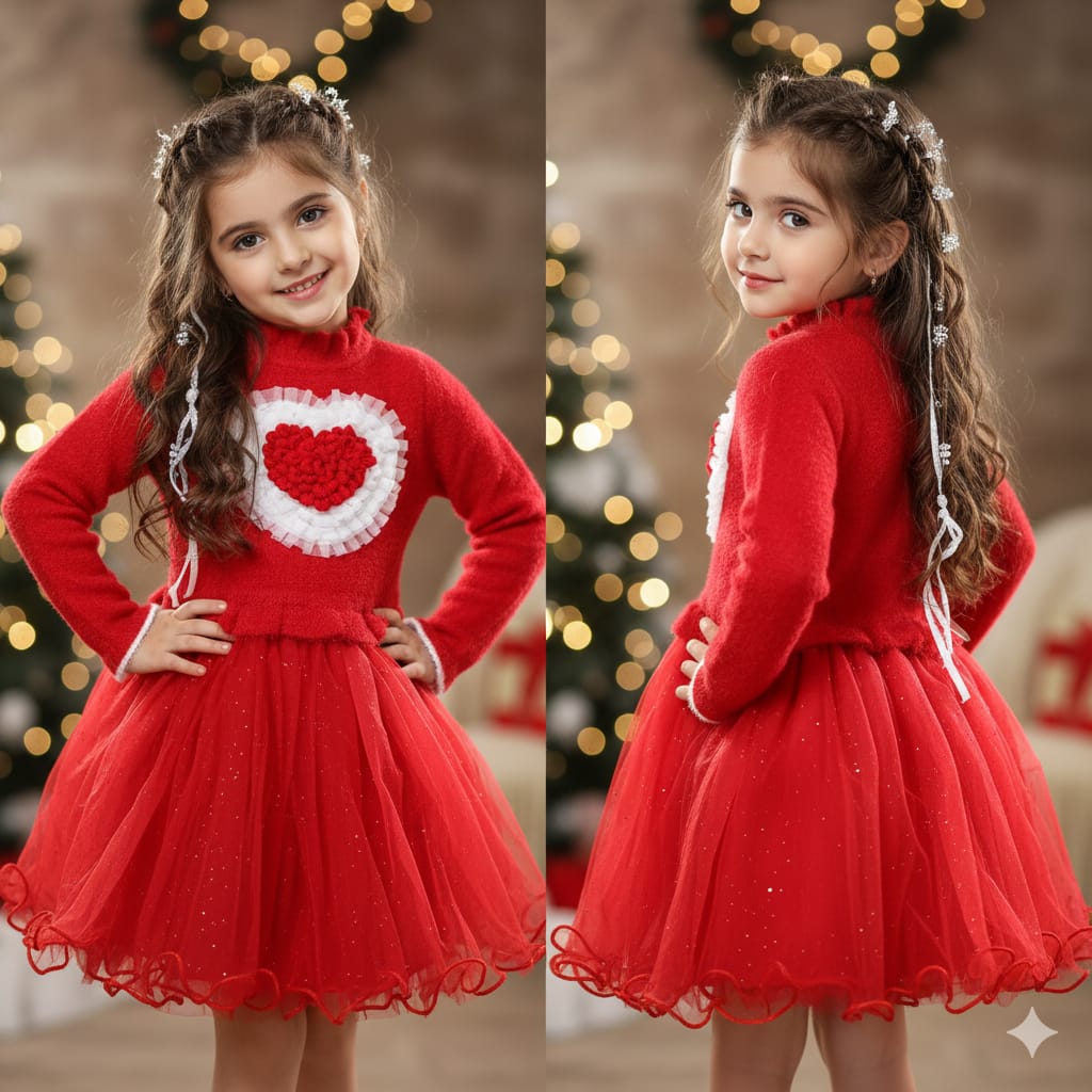 Haram Collection: Adorable Red Heart Sweater Dress for Girls - Winter Special & Party Wear