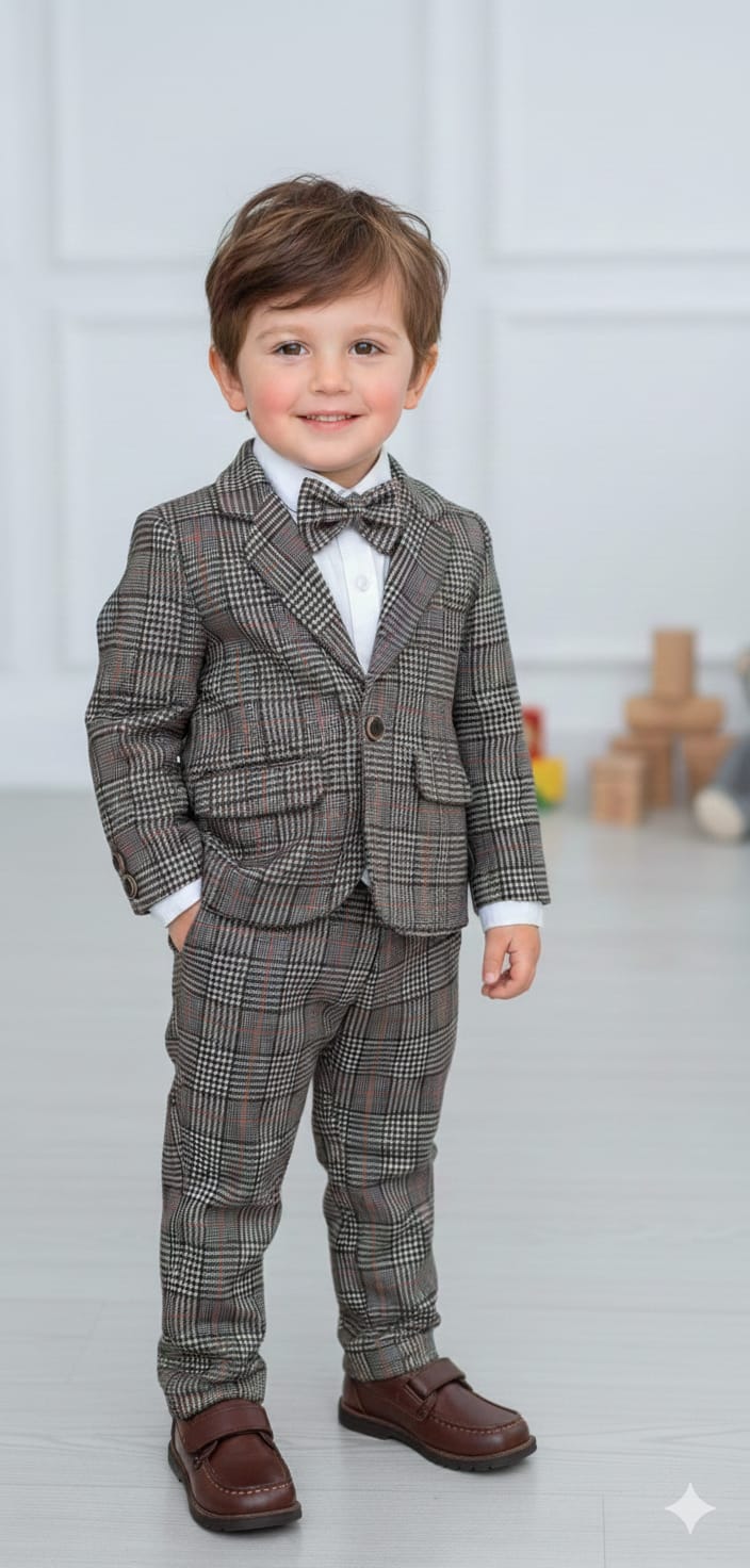 Haram Collection: Baby Boys Plaid Suit Set - Gentleman's 3-Piece Outfit with Bow Tie