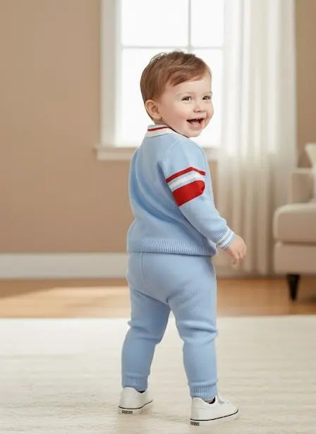 Haram Collection: Adorable Baby Boys Blue Bear Embroidered Sweater & Pants Set - Cozy Winter Outfit Haram's Collection