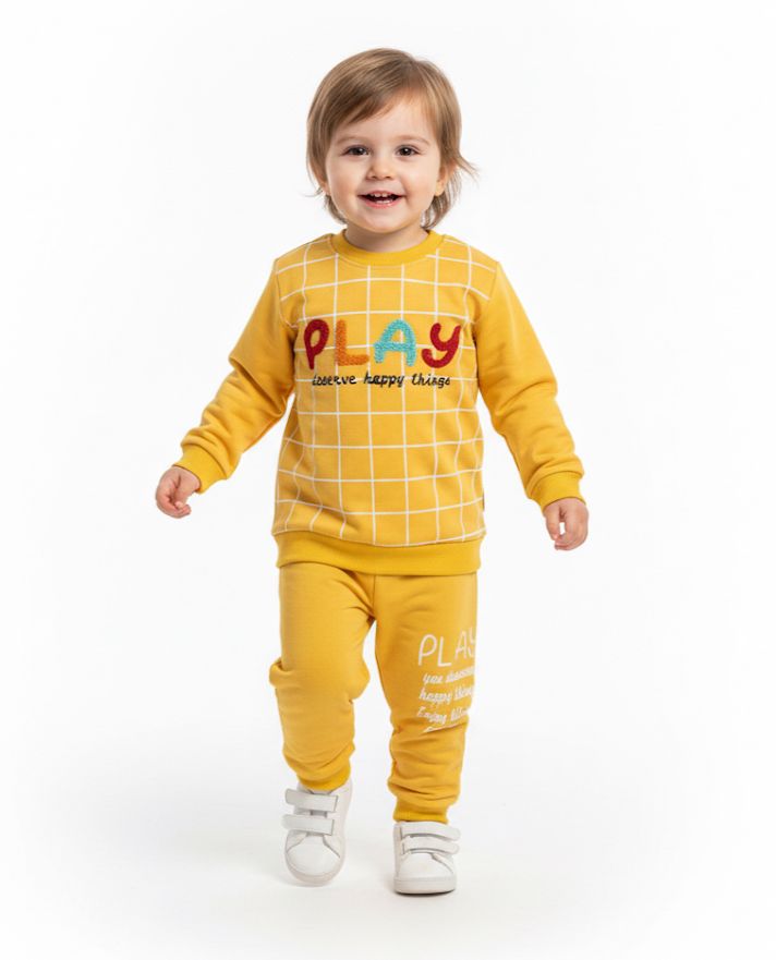 Kids Blue & Yellow "PLAY" Tracksuit Set | Warm Winter Fleece Co-ord | Boys & Girls Casual Outfit