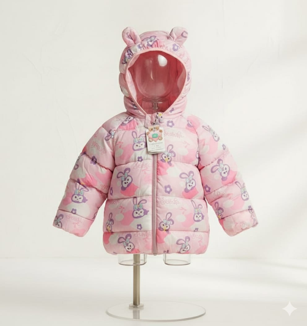 Girls Pink Character Puffer Jacket | Hooded Rabbit Print Coat with 3D Ears