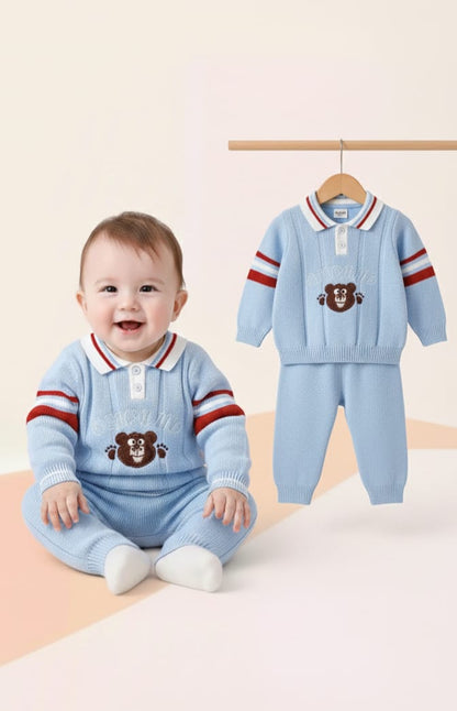 Haram Collection: Adorable Baby Boys Blue Bear Embroidered Sweater & Pants Set - Cozy Winter Outfit