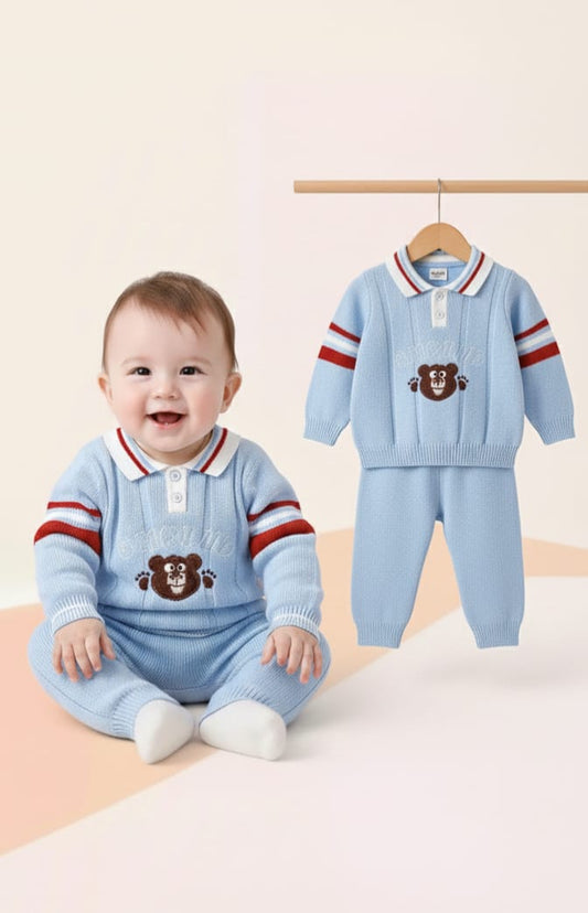 Haram Collection: Adorable Baby Boys Blue Bear Embroidered Sweater & Pants Set - Cozy Winter Outfit