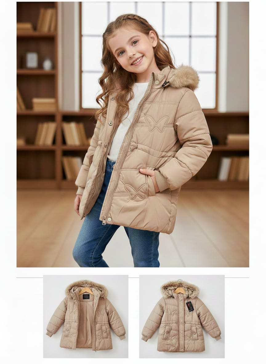 Girls Beige Puffer Parka Jacket | Faux Fur Hood Winter Coat | Long Quilted Outerwear