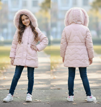 Girls Pink Puffer Parka Jacket | Long Winter Coat with Faux Fur Hood | Warm Outerwear