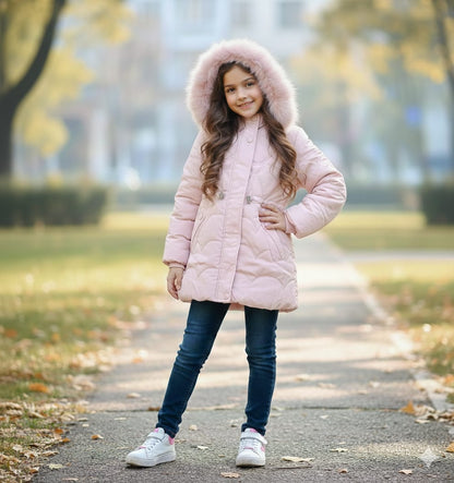 Girls Pink Puffer Parka Jacket | Long Winter Coat with Faux Fur Hood | Warm Outerwear